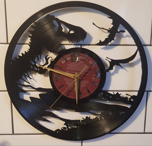 Wall clock with dinosaur design on a tiled wall